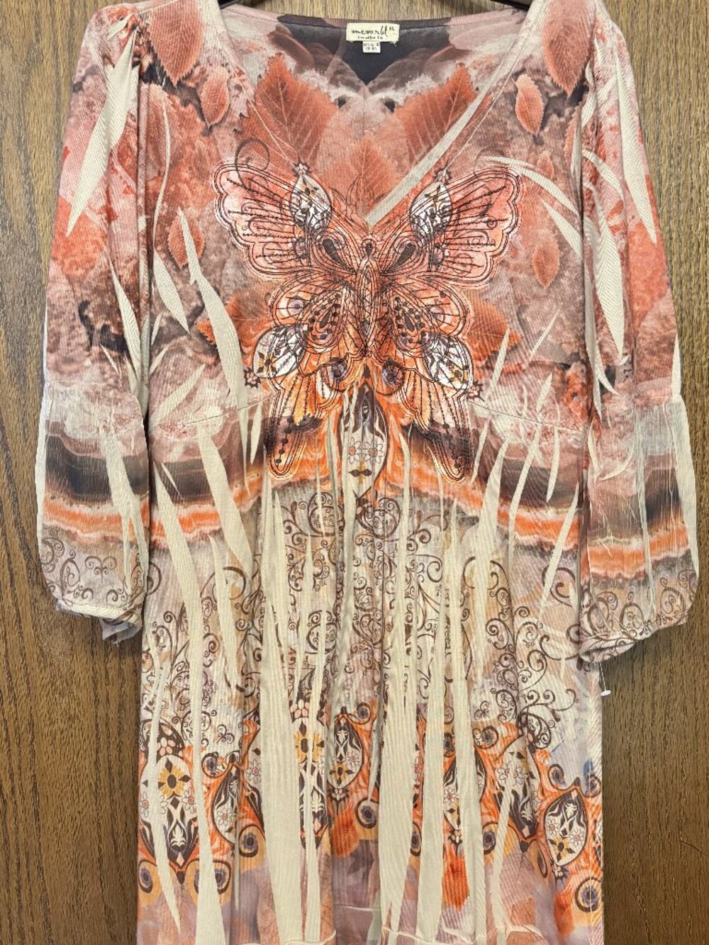 One World Applique Butterfly Dress Brown/Tan/Orange Size XL  Gently Used.